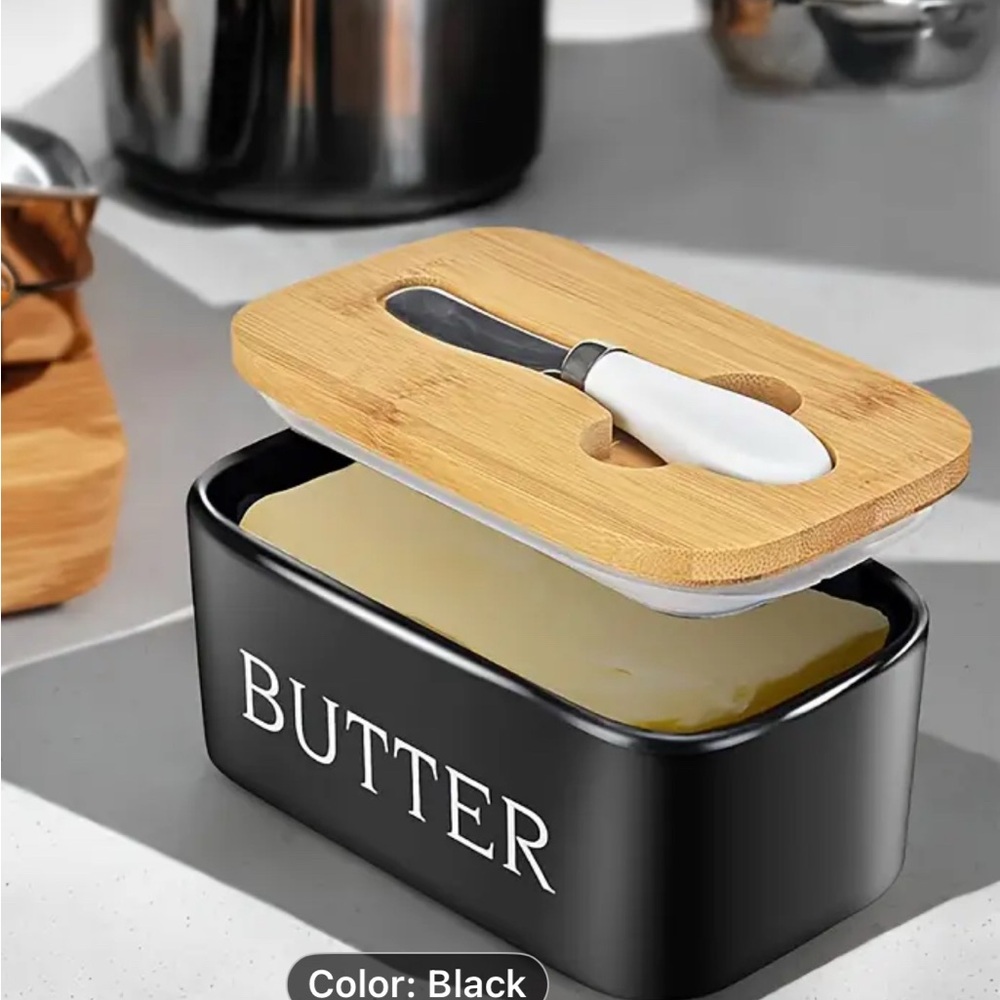 New Farm House Country Black Butter Dish w/ Bamboo Lid & Stainless Steel Knife